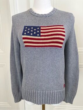 Polo Ralph Lauren Gray American Flag Sweater 100% Cotton Women’s XS Youth 16
